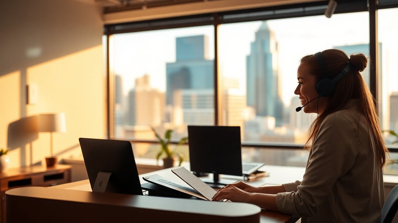Receptionist answering call in bright Minneapolis office