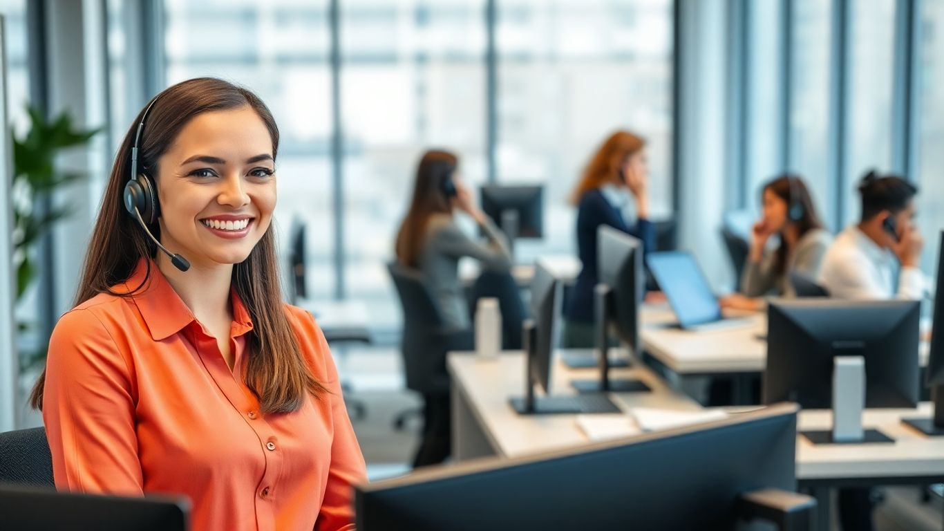 Virtual receptionist with headset in a modern office setting.
