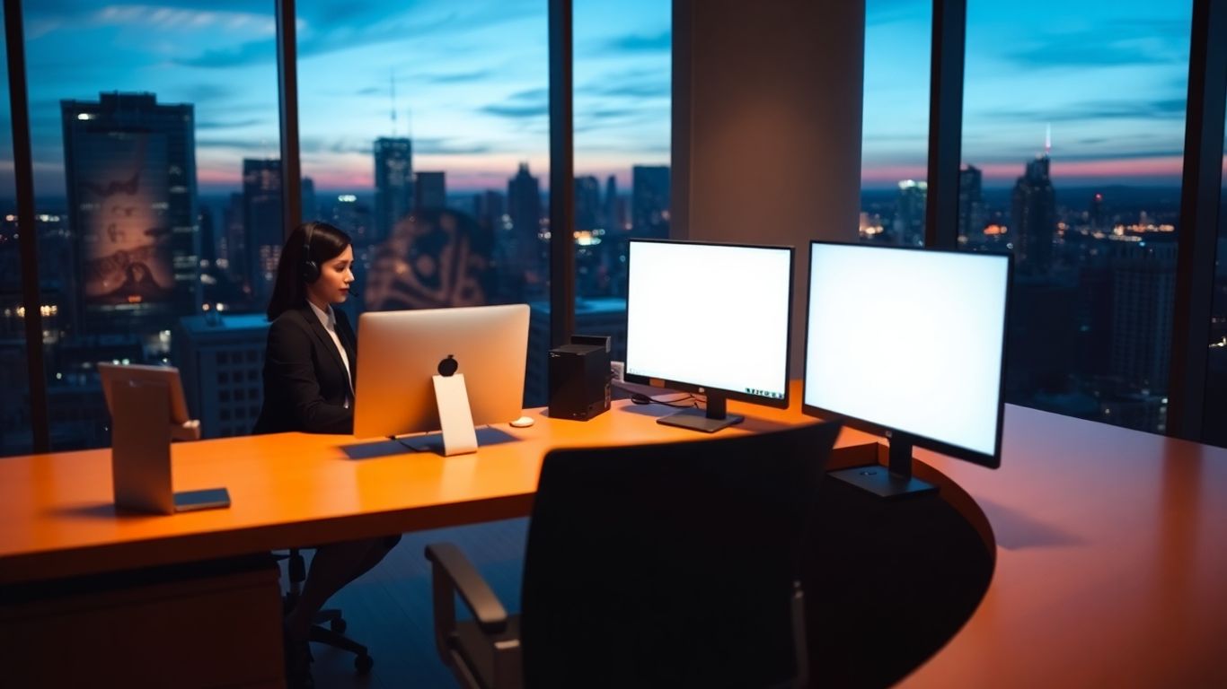 Receptionist answering calls in modern office at night