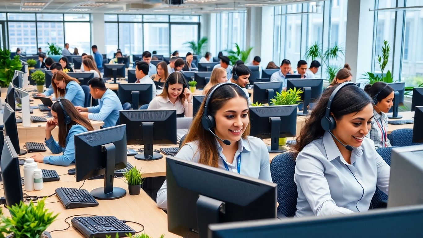 Receptionists answering many phone calls in a busy office