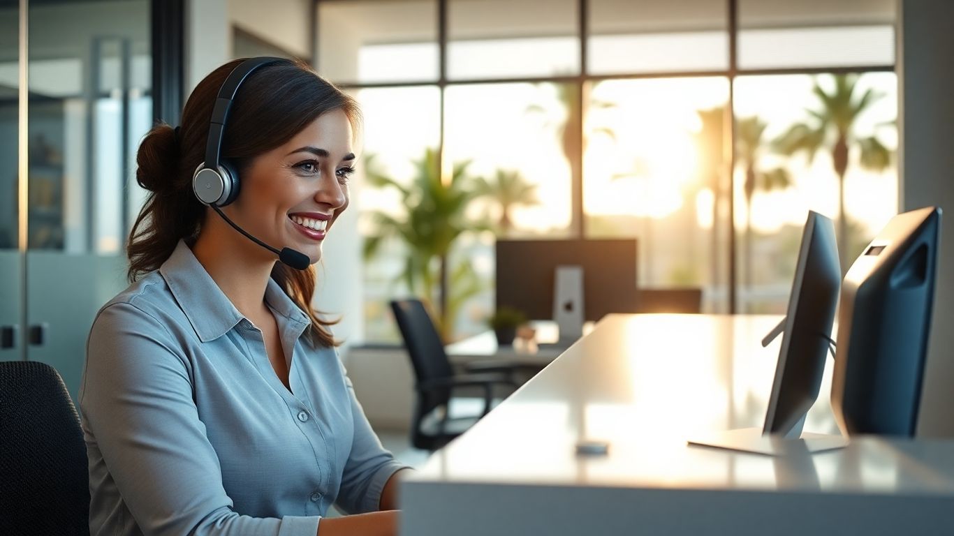 Receptionist with headset answers phone in sunny office