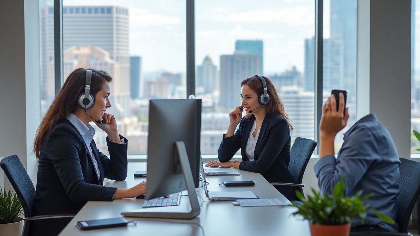 Professionals on headsets in Raleigh office workspace