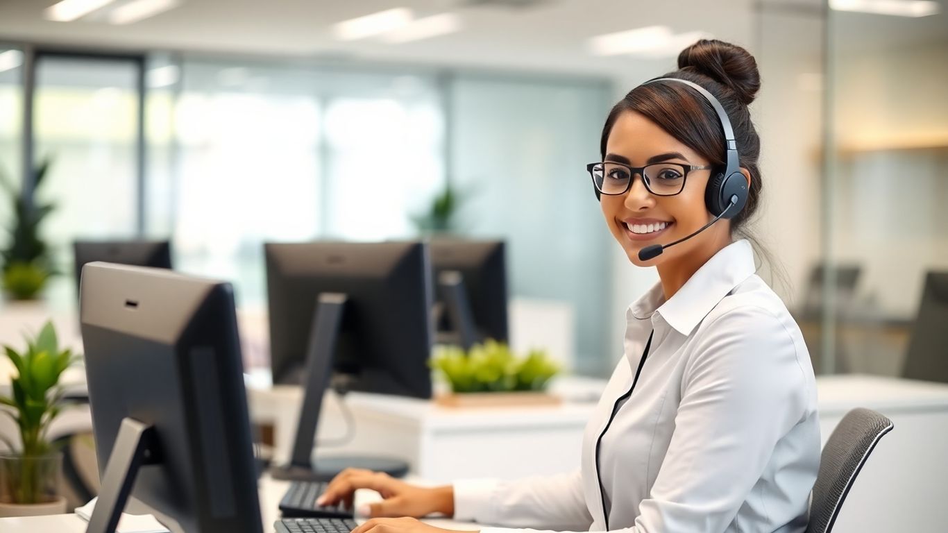 Receptionist answering office calls in modern business setting