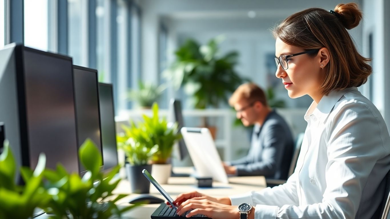 Businessperson receiving SMS notifications in a modern office