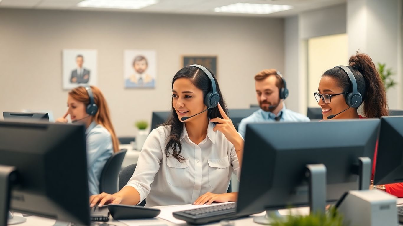 Customer service agents answering calls in modern office