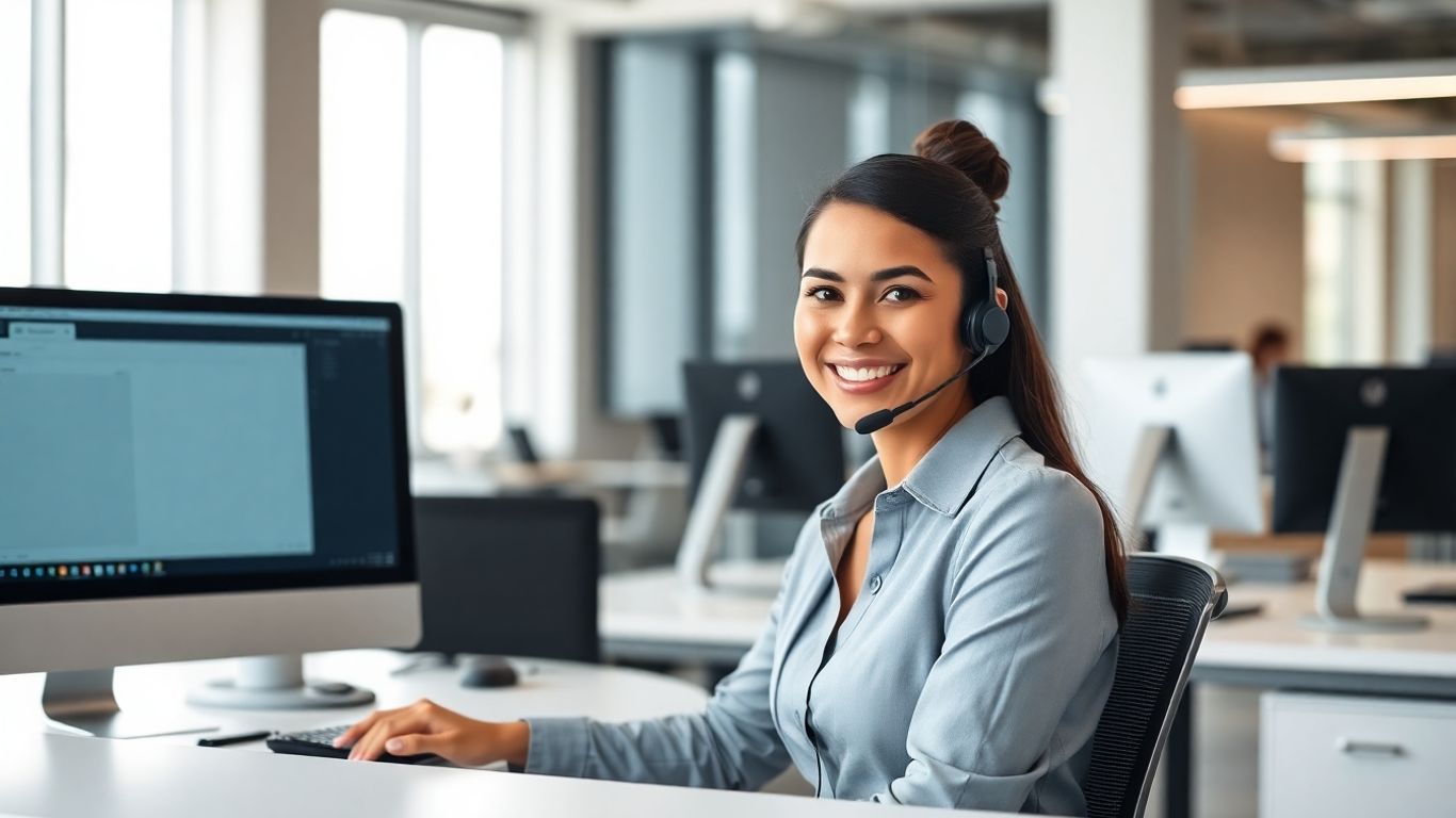 Receptionist with headset in modern office setting