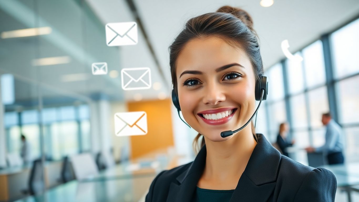 Receptionist with headset and multichannel digital icons background