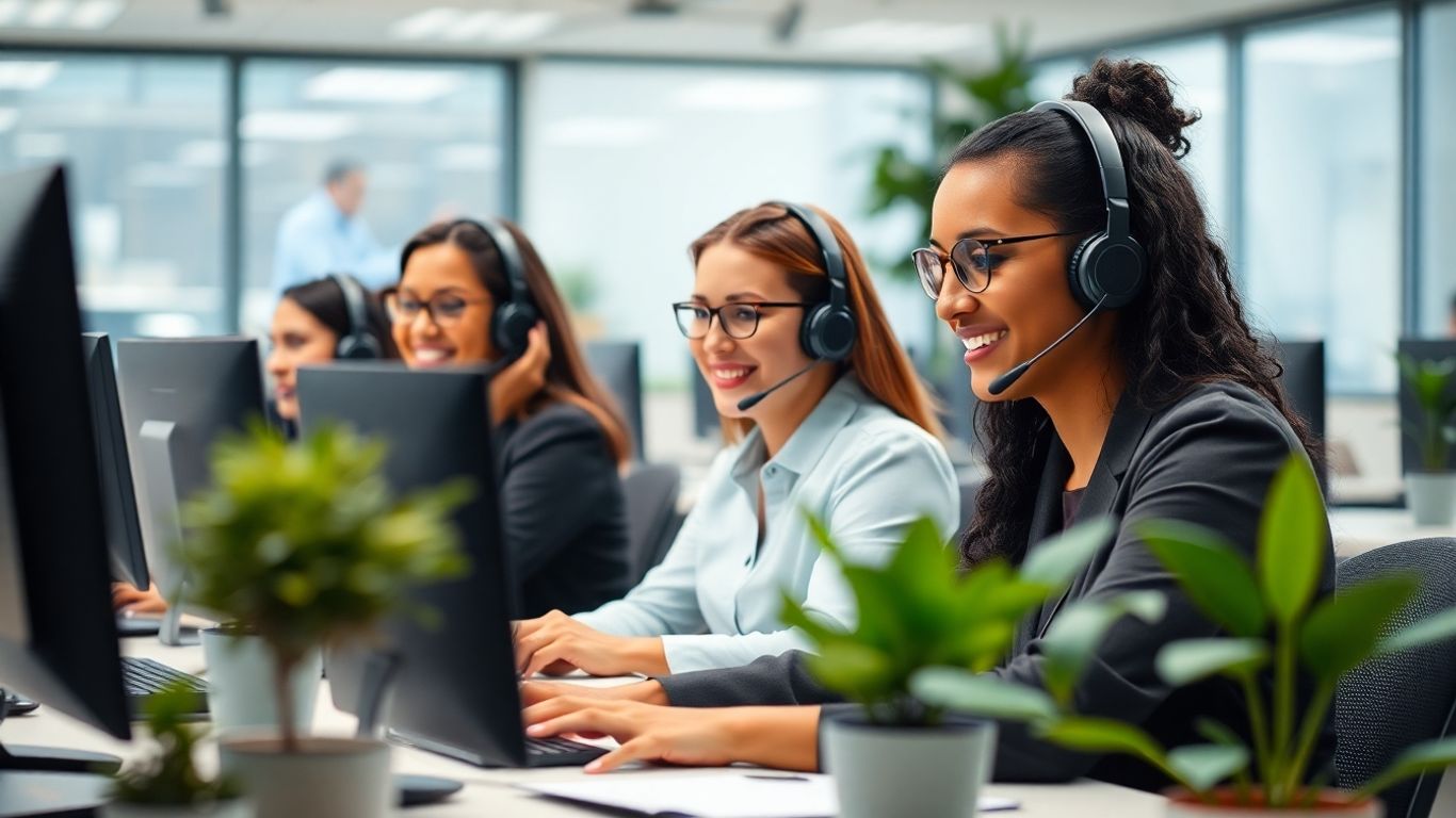 Call center team helping customers in modern office