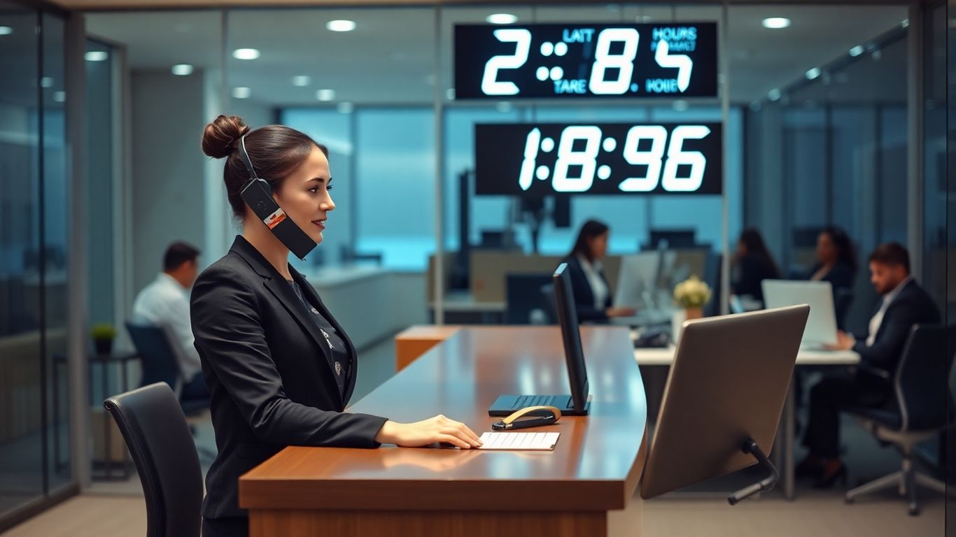 Receptionist answering phone in office at night