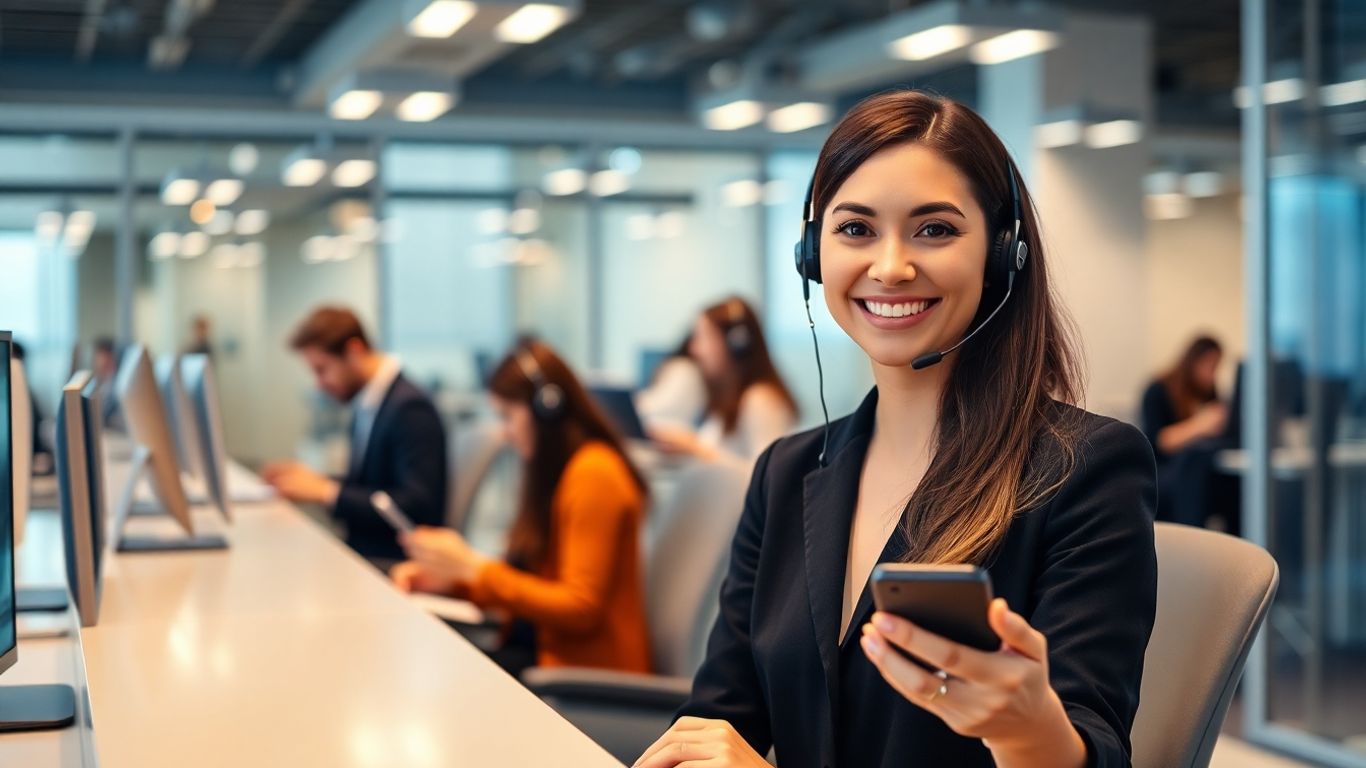 Receptionist answering calls in modern high-tech office.