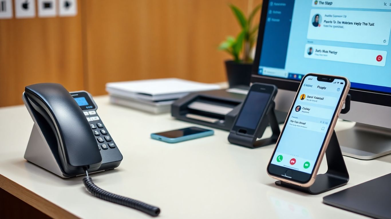 Business office desk with ringing phone and digital messages