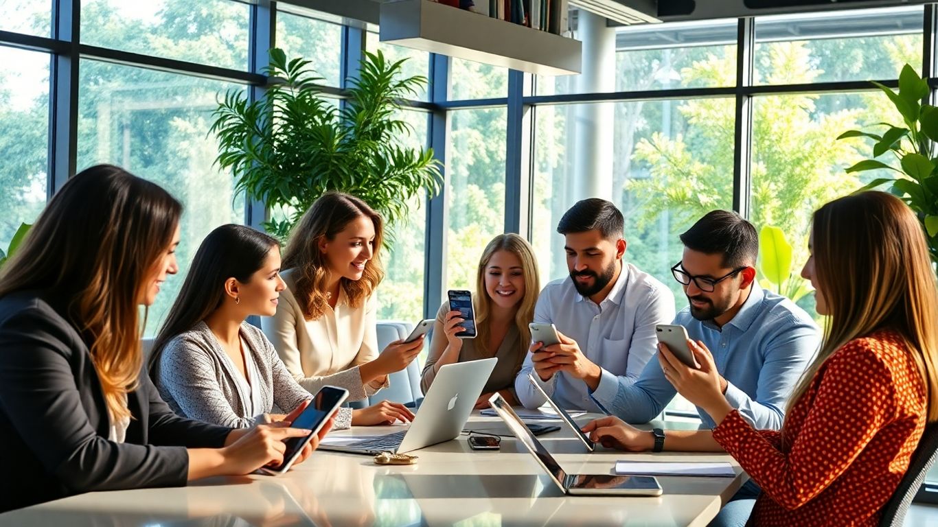 Business team using smartphones for SMS in office