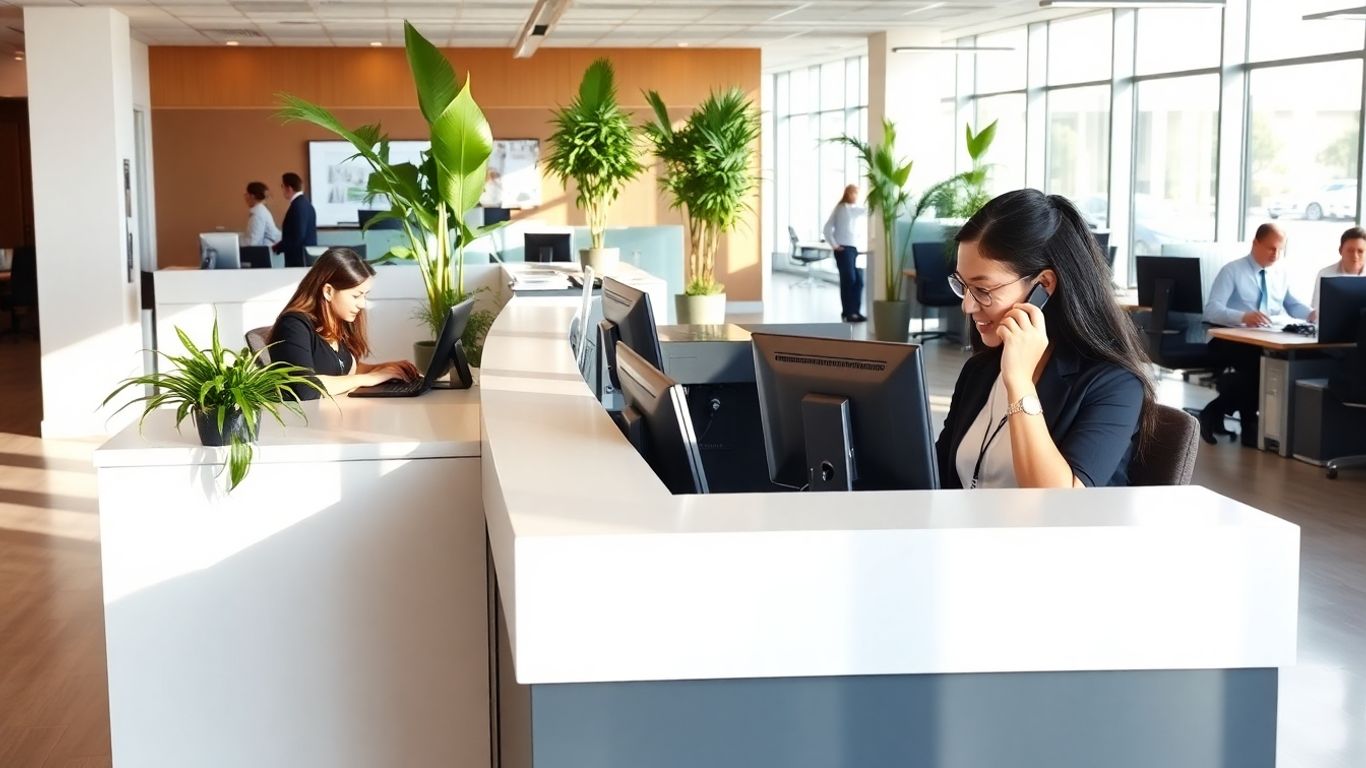 Receptionists answering phones in a bright Torrance office