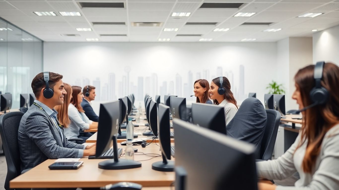 Call center agents working in a bright, modern office.