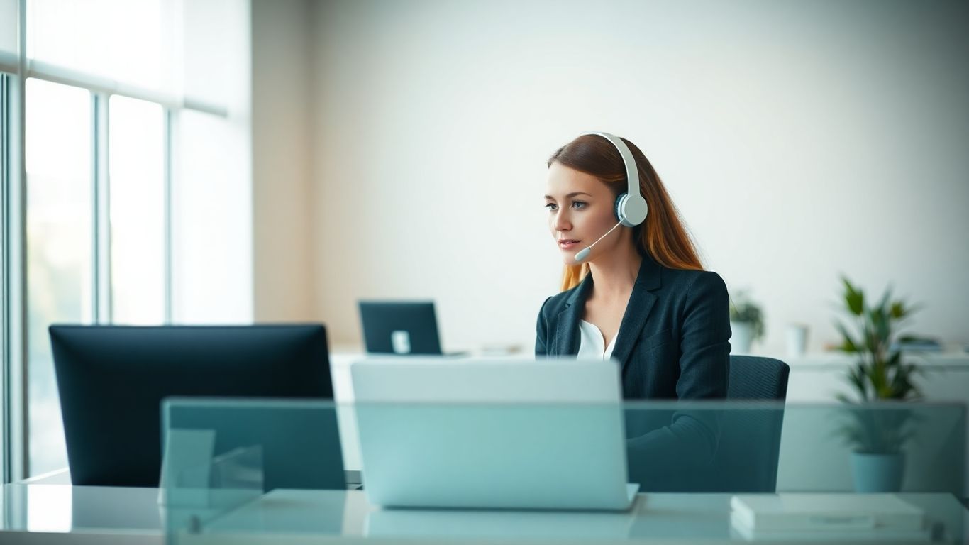 Professional receptionist answering call at modern office desk