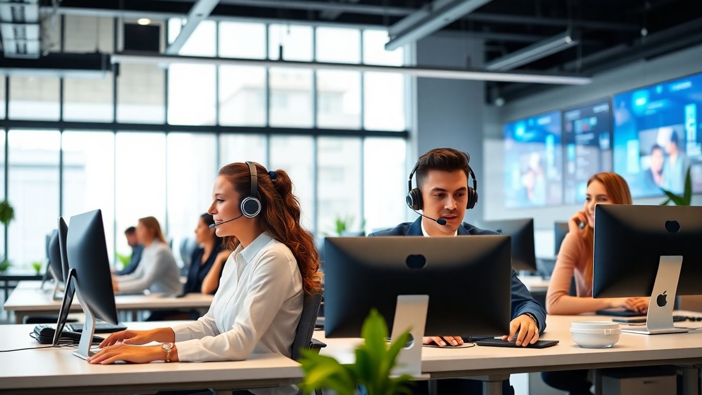 Professionals in office using headsets and computers