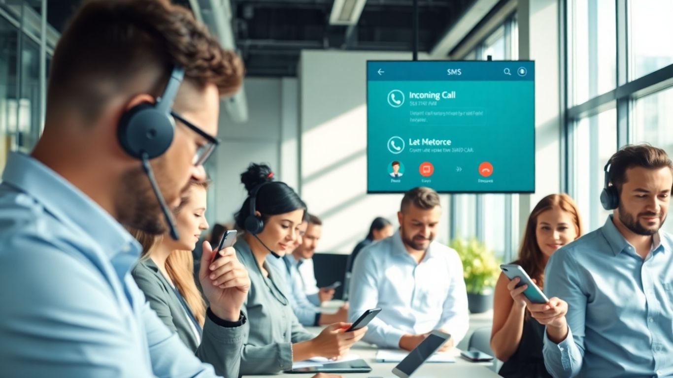 Office workers using phones and headsets in bright workspace.