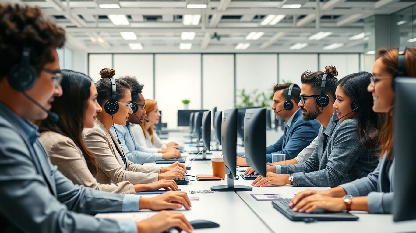 Professionals with headsets in a modern office workspace