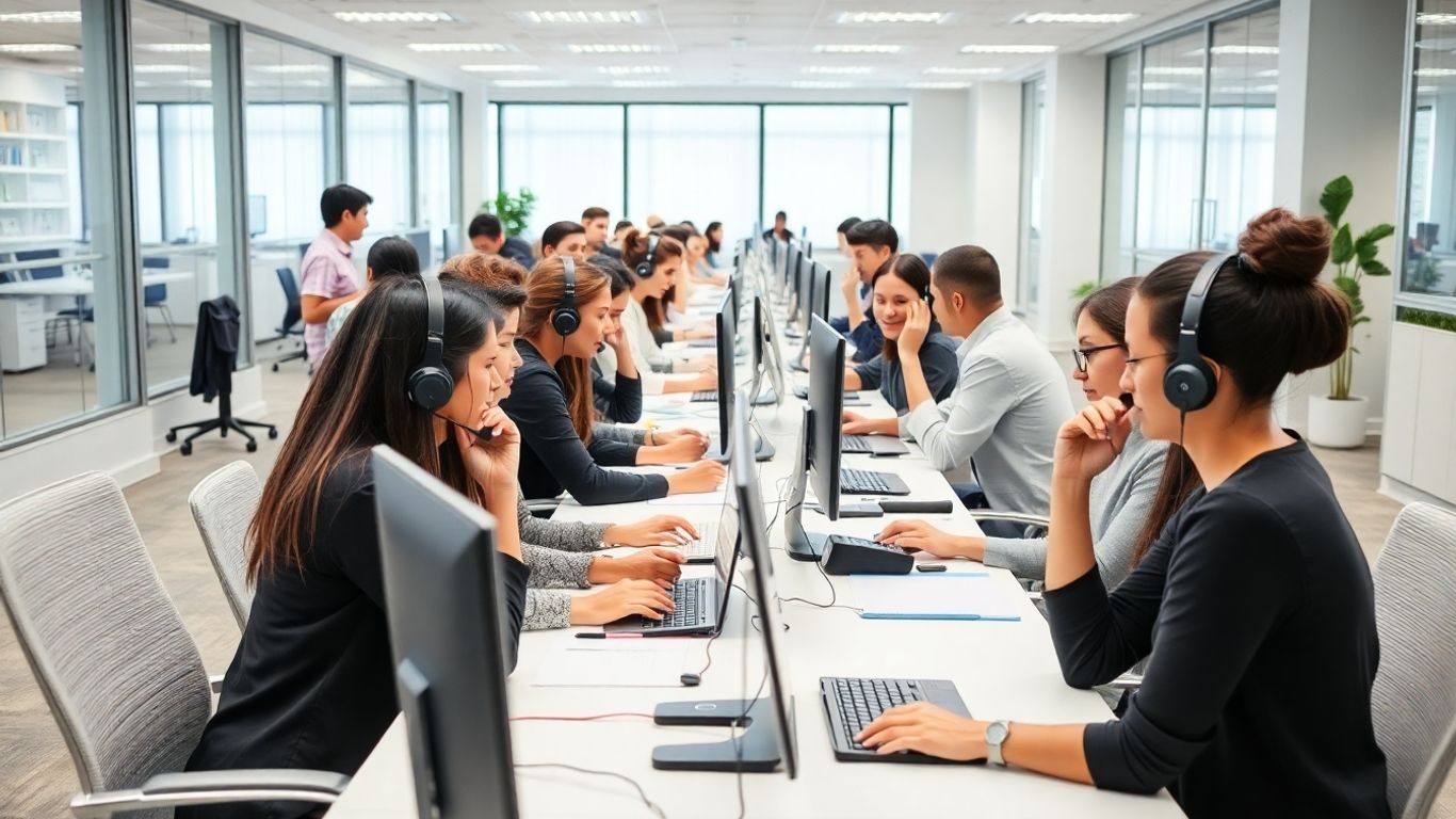 Office workers with headsets answering business calls