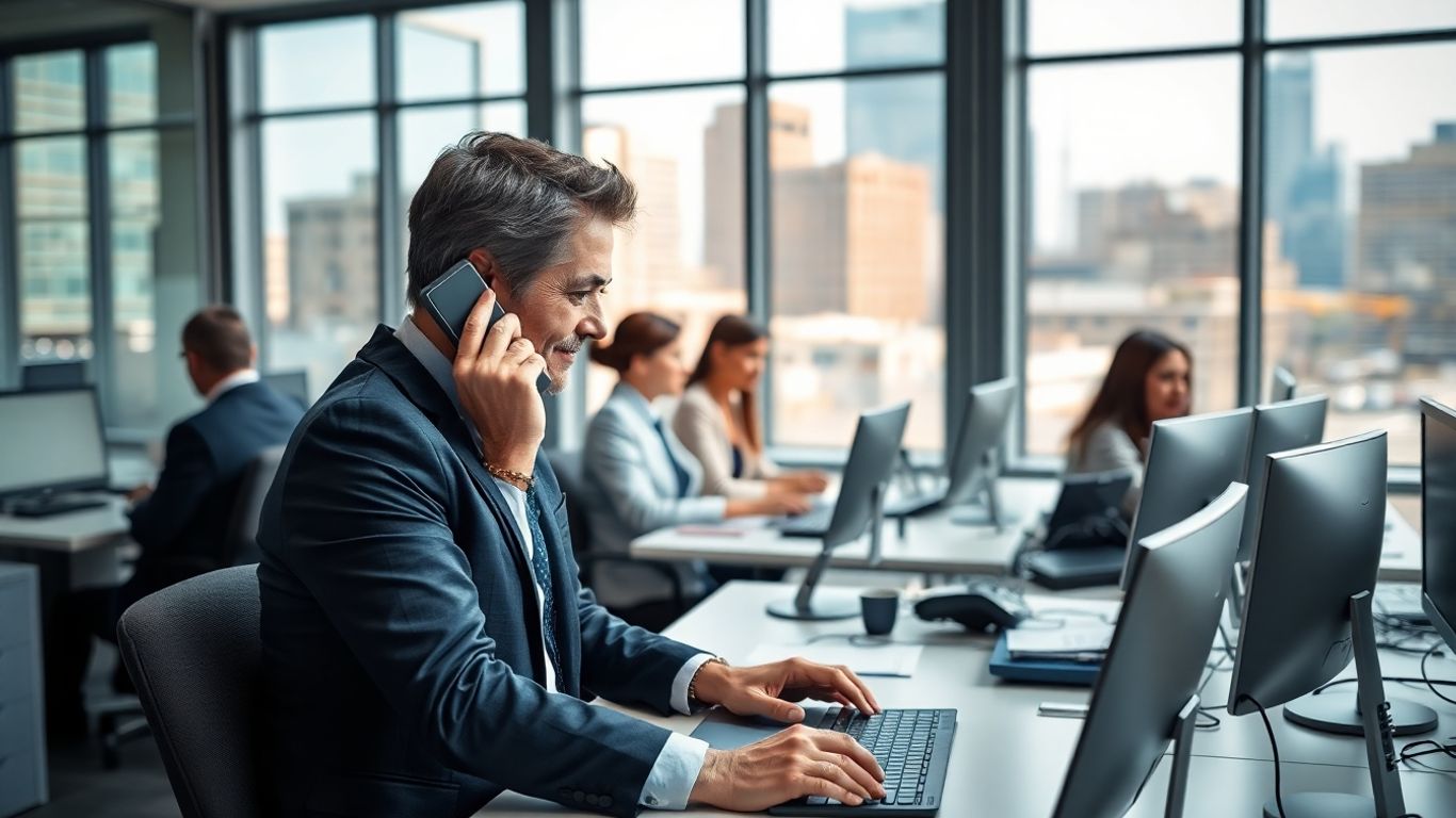 Businessperson answering phone in modern Waukegan office