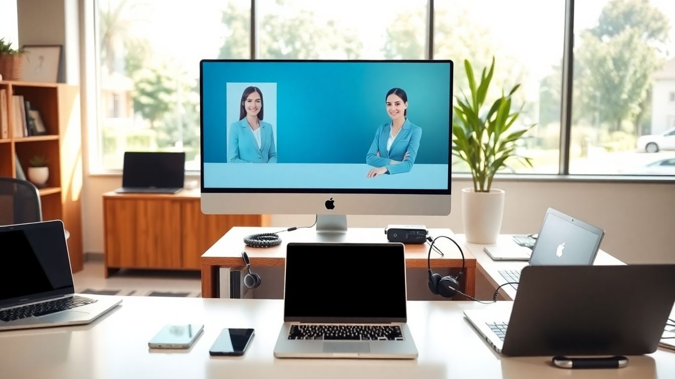 Virtual receptionist interacting with office tools on a sunny desk