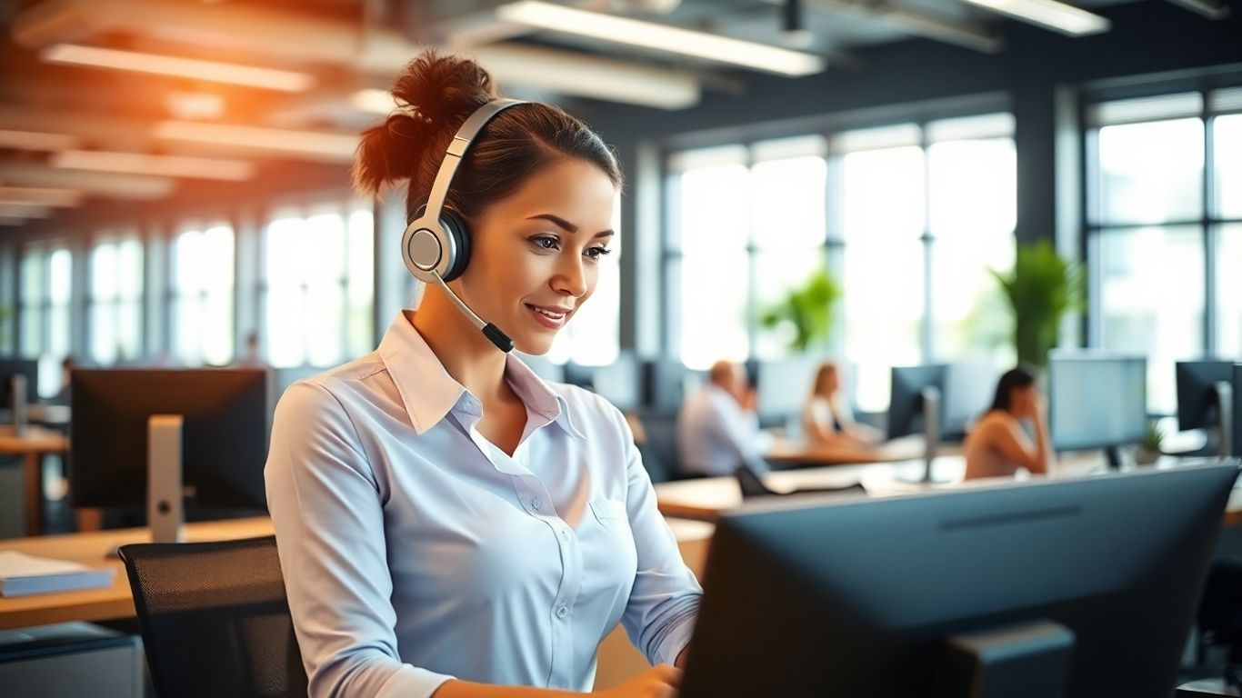 Virtual receptionist answering calls in busy modern office