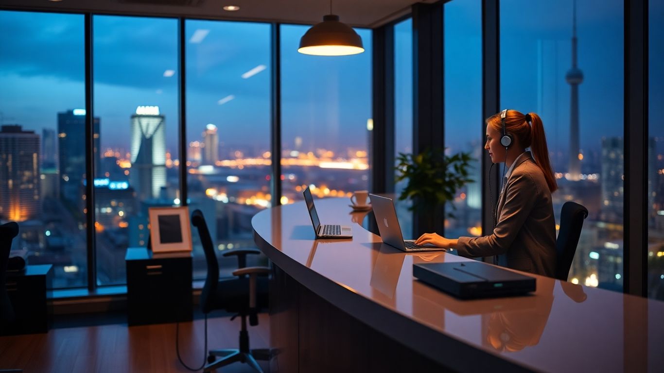 Receptionist in office at night answering business calls