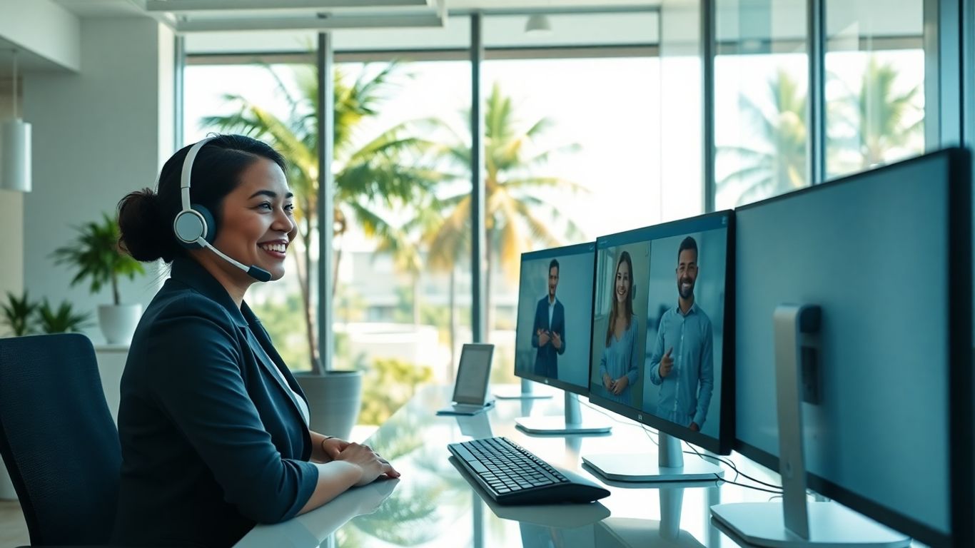 Virtual receptionist at West Palm Beach office desk smiling