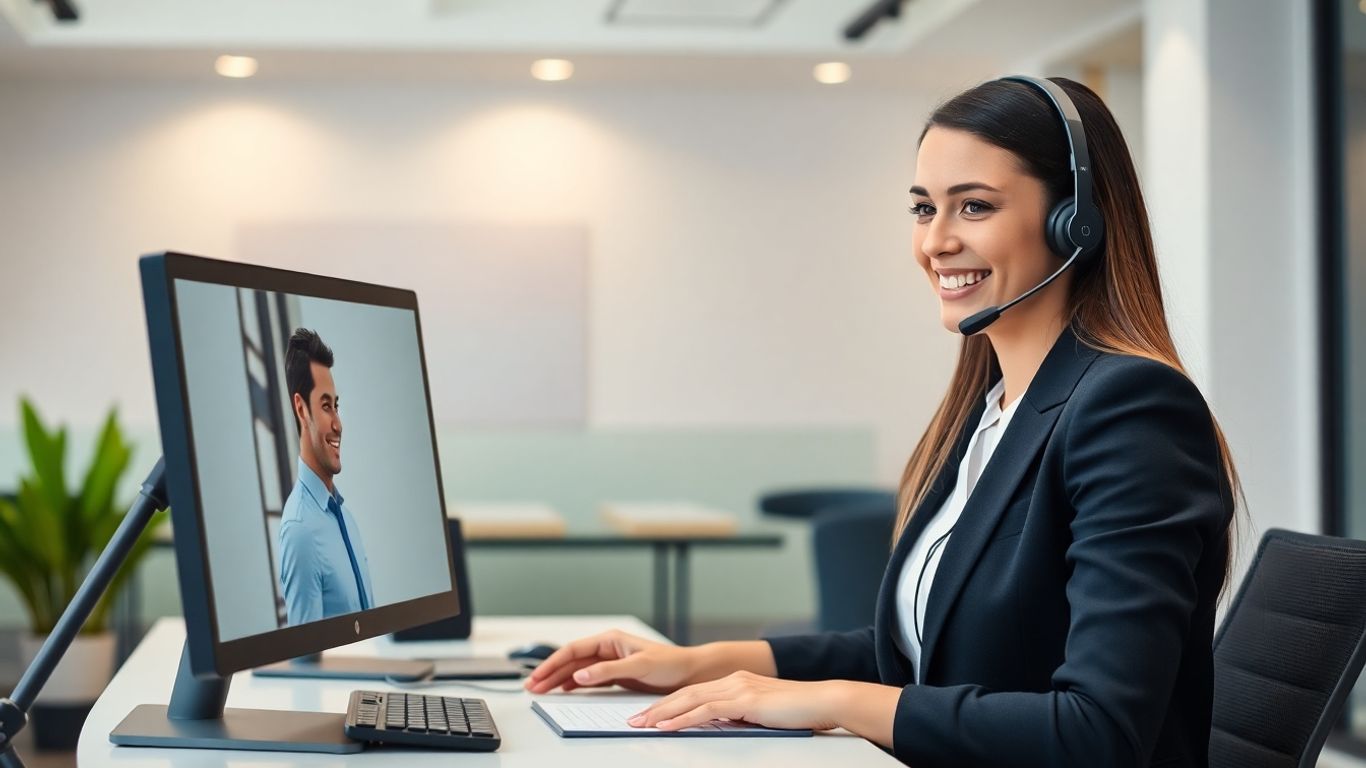 Virtual receptionist speaking with a client in a modern office.