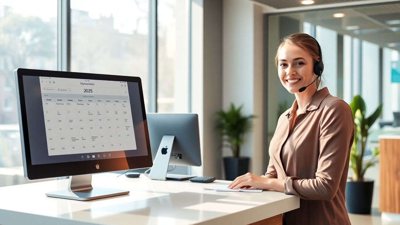 Modern office receptionist with headset at appointment calendar