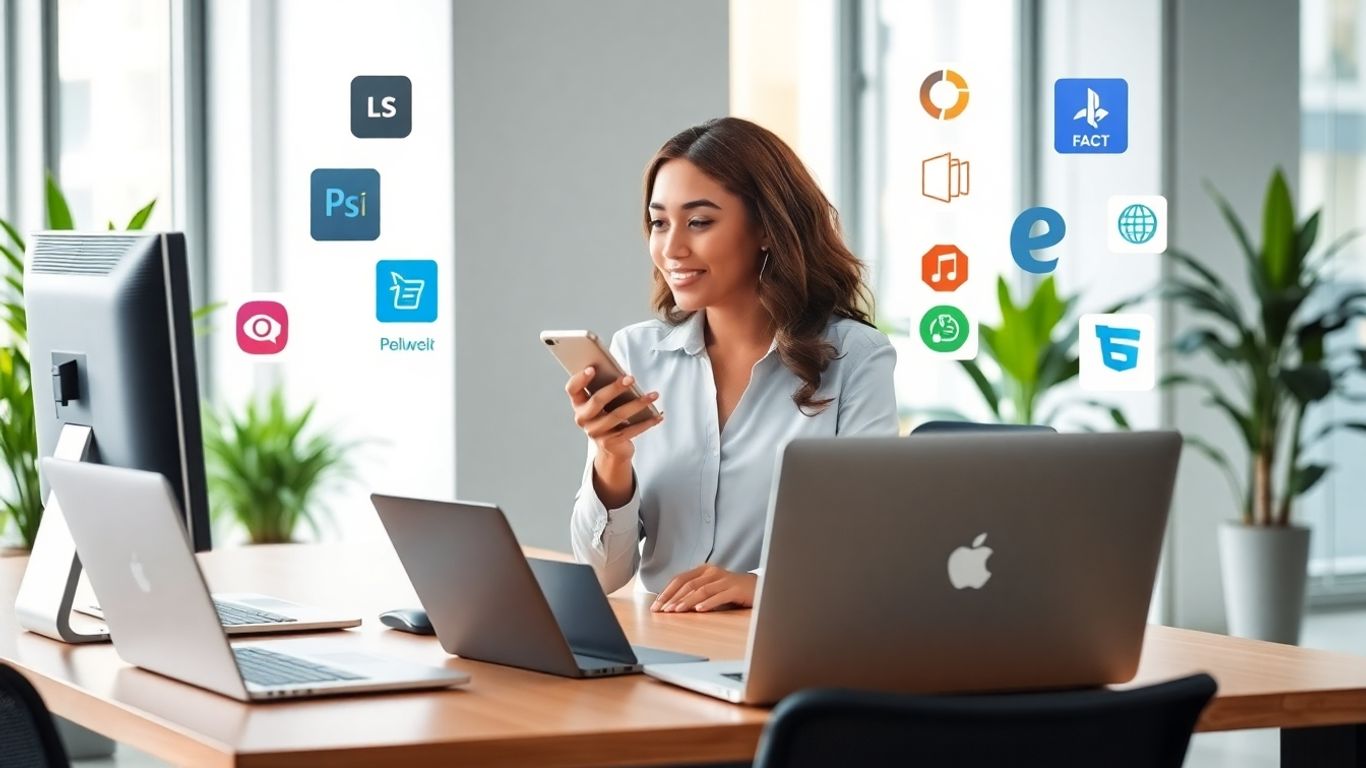 Virtual receptionist at desk with business tools in office