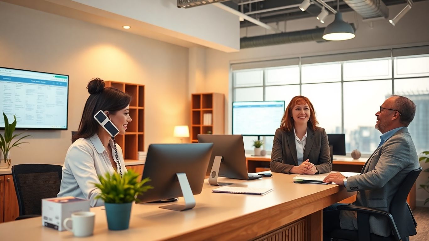 Receptionist answering phone in office scheduling appointment