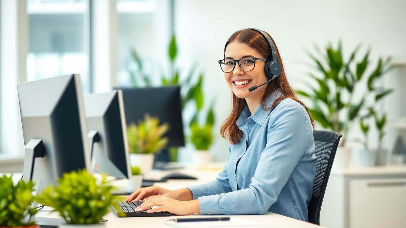 Smiling call center agent at modern office desk