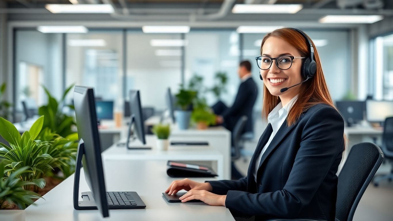 Receptionist on headset at modern business office desk