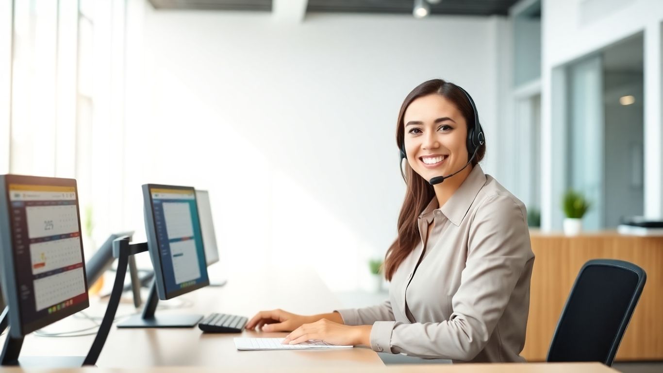 Receptionist with headset scheduling appointments in modern office
