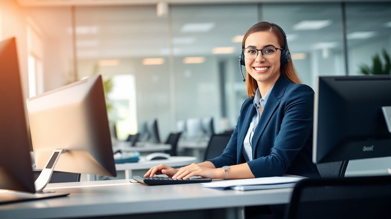 Virtual receptionist talking with clients in a modern office.