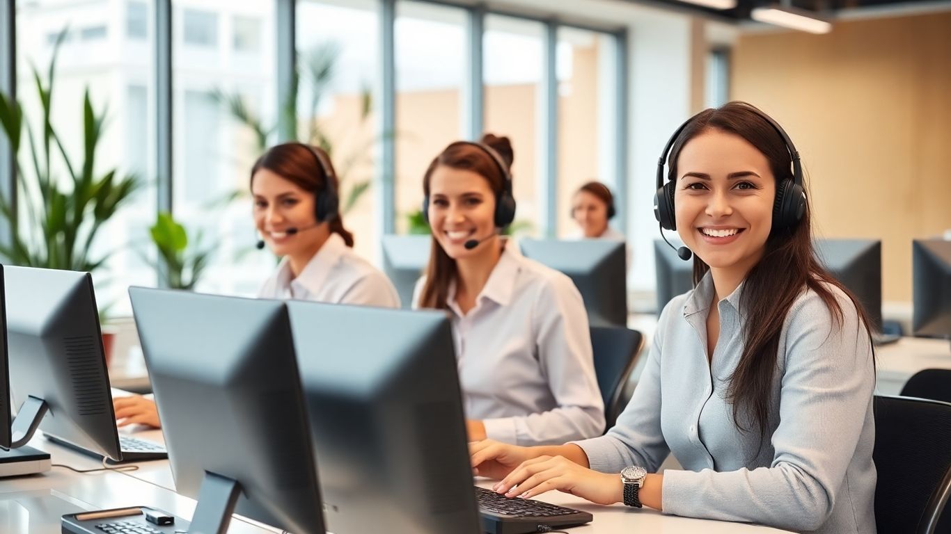 Friendly call center agents answering business calls efficiently