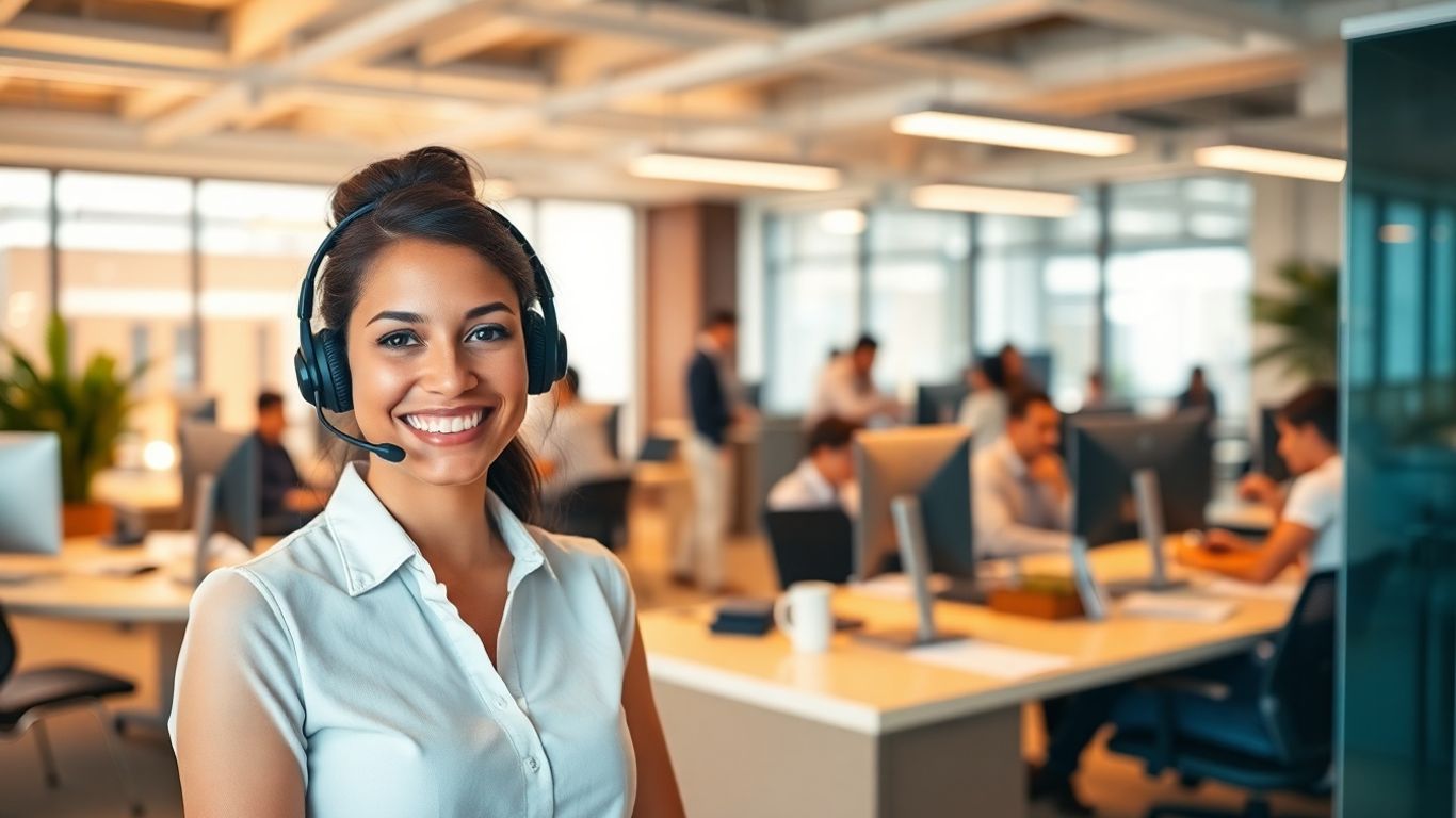Receptionist with headset in modern Escondido office