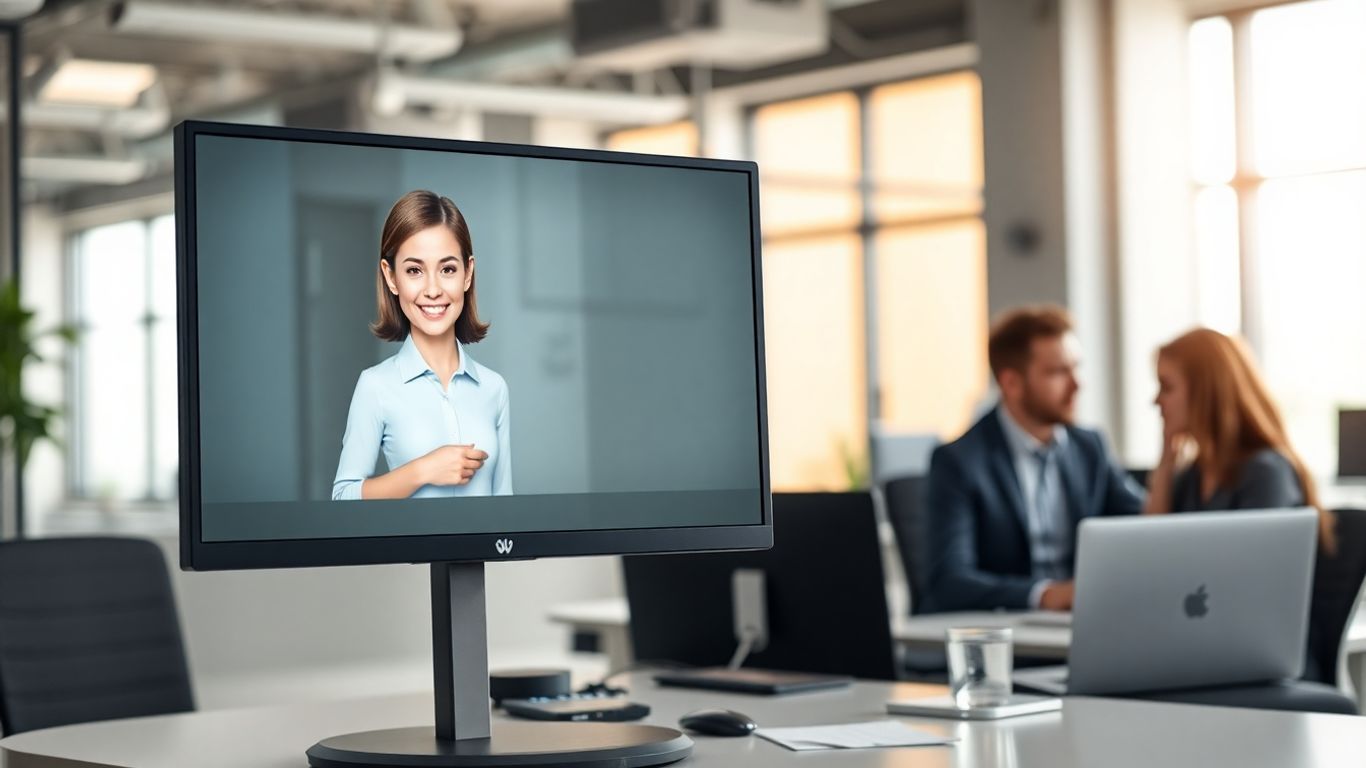Virtual receptionist on computer in modern business office
