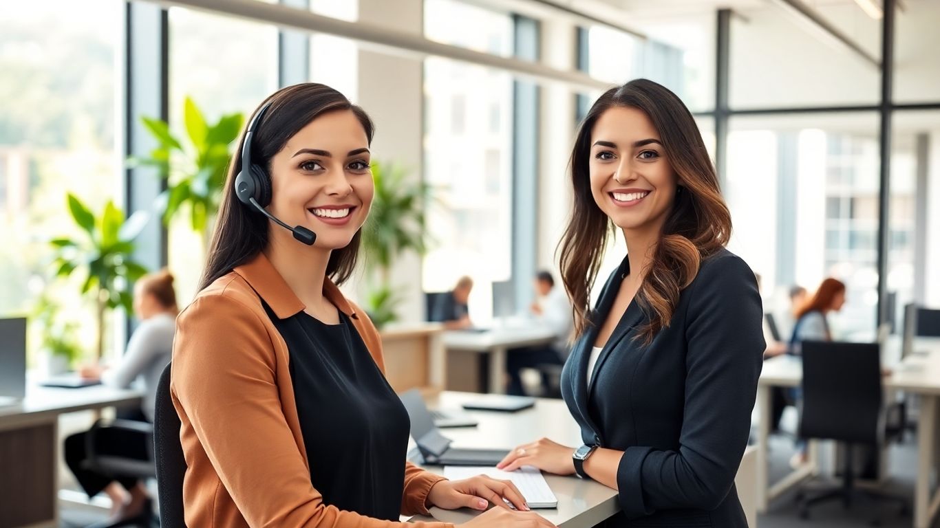 Receptionist answering call in bright Evanston office