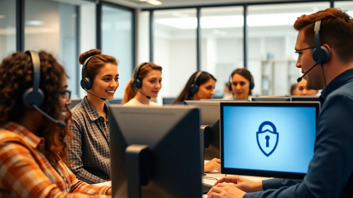 Customer service agents in office with security icons