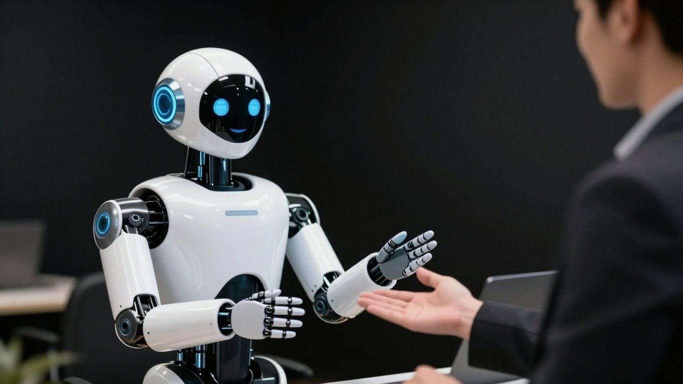 Robot assisting a human customer in a modern office setting.