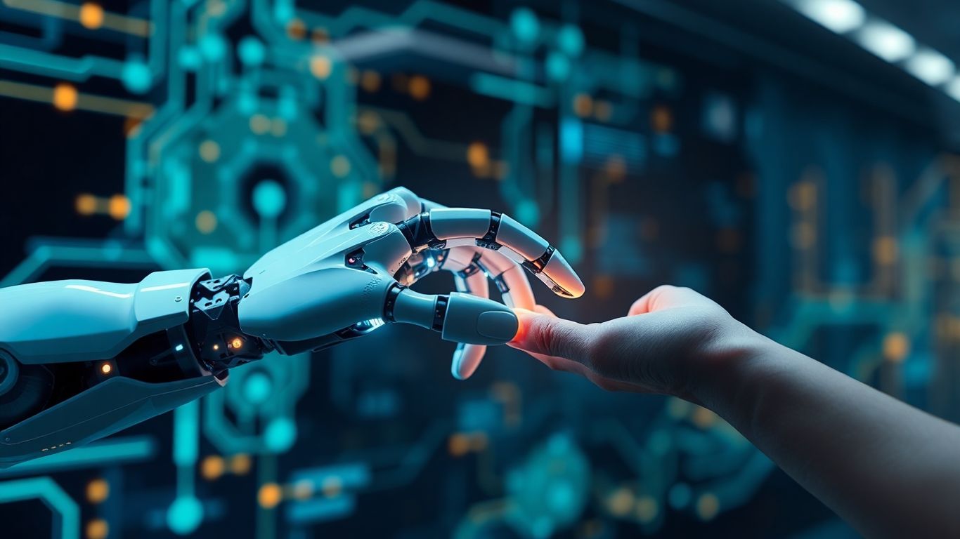 Robot and human hands interacting with digital elements.