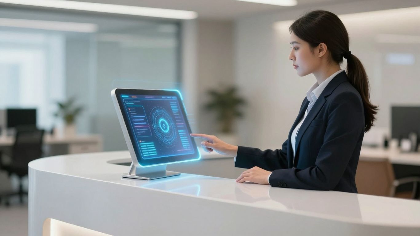 AI receptionist interface at a modern desk.