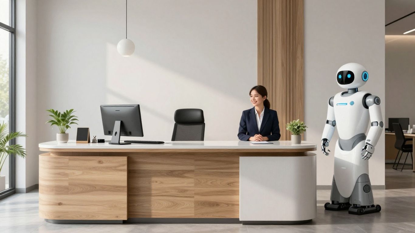 Human and robot receptionists at a modern office front desk