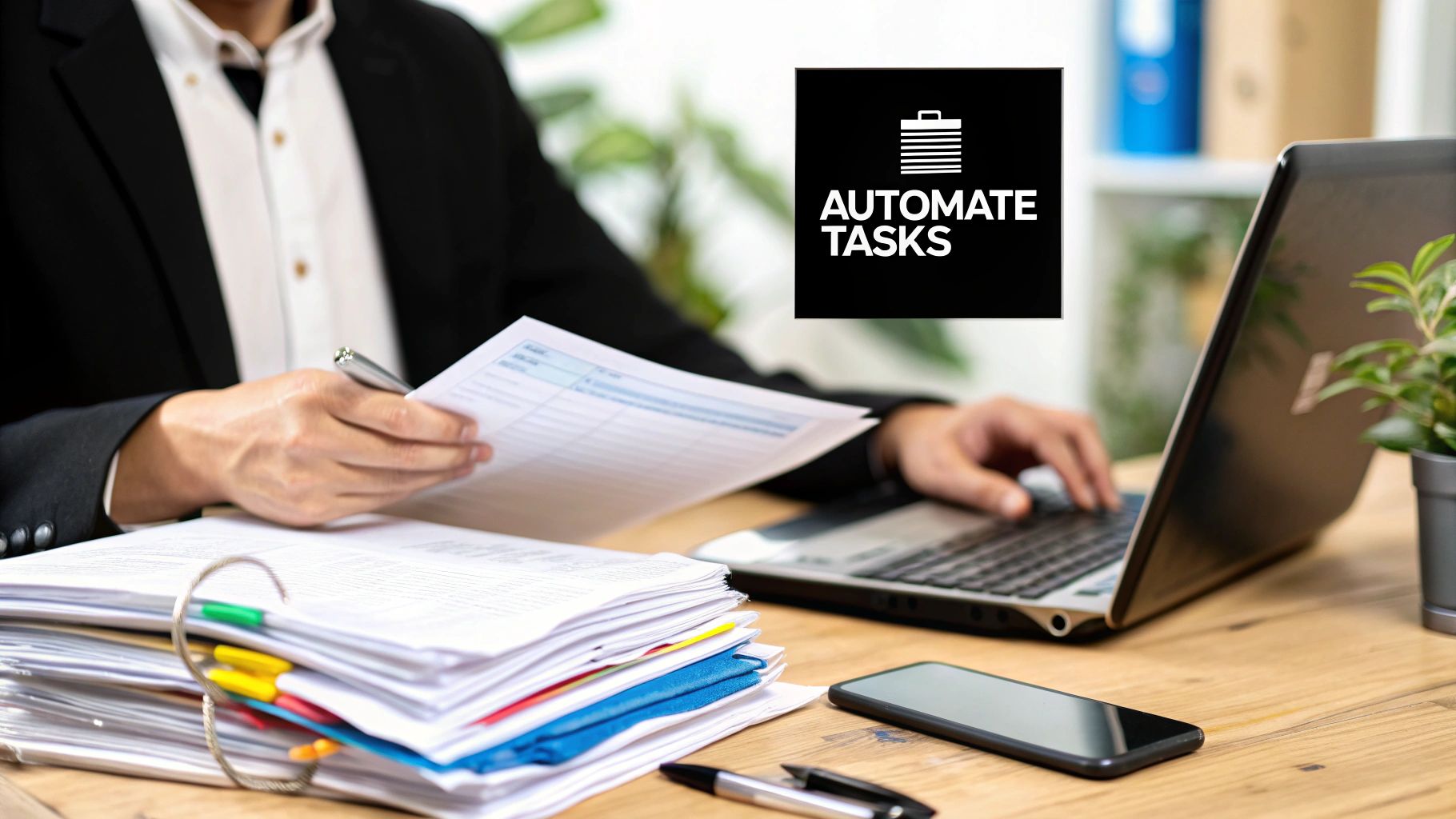 A person sitting at a desk with a laptop, pointing to a workflow diagram with glowing icons, representing finding the perfect automation balance.