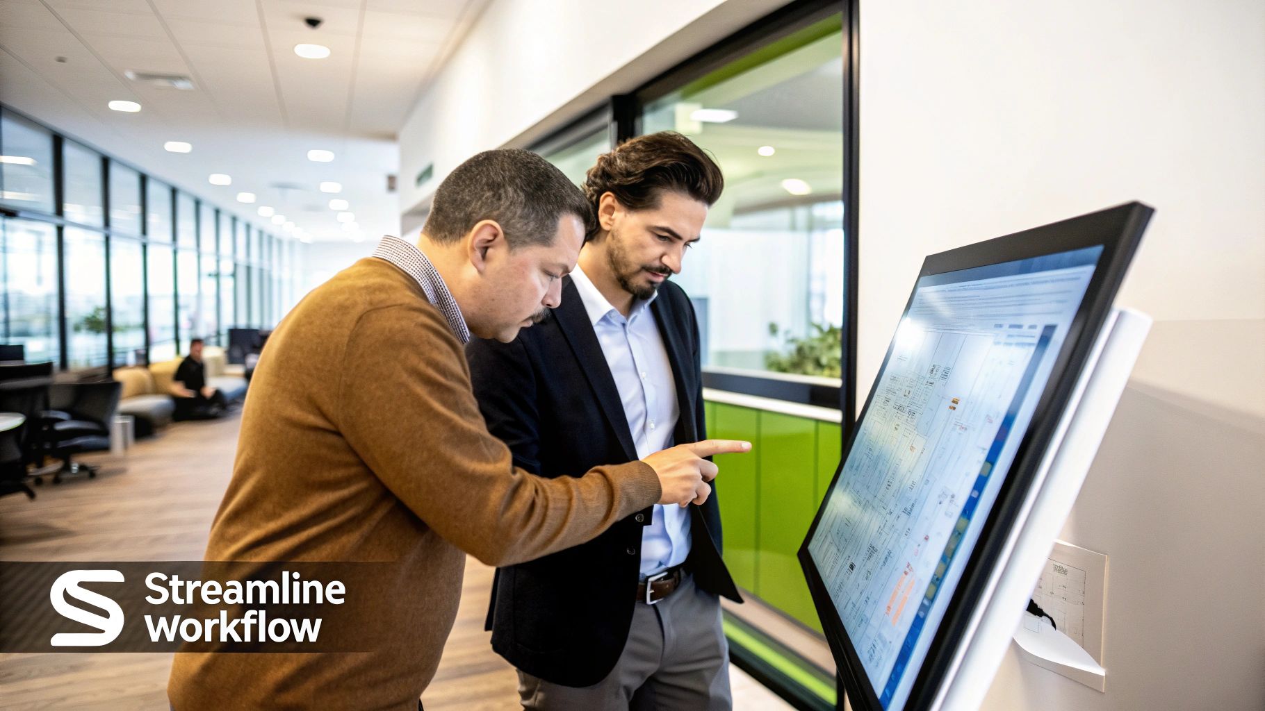 A person connects glowing app icons on a digital whiteboard, symbolizing the creation of a functional workflow.