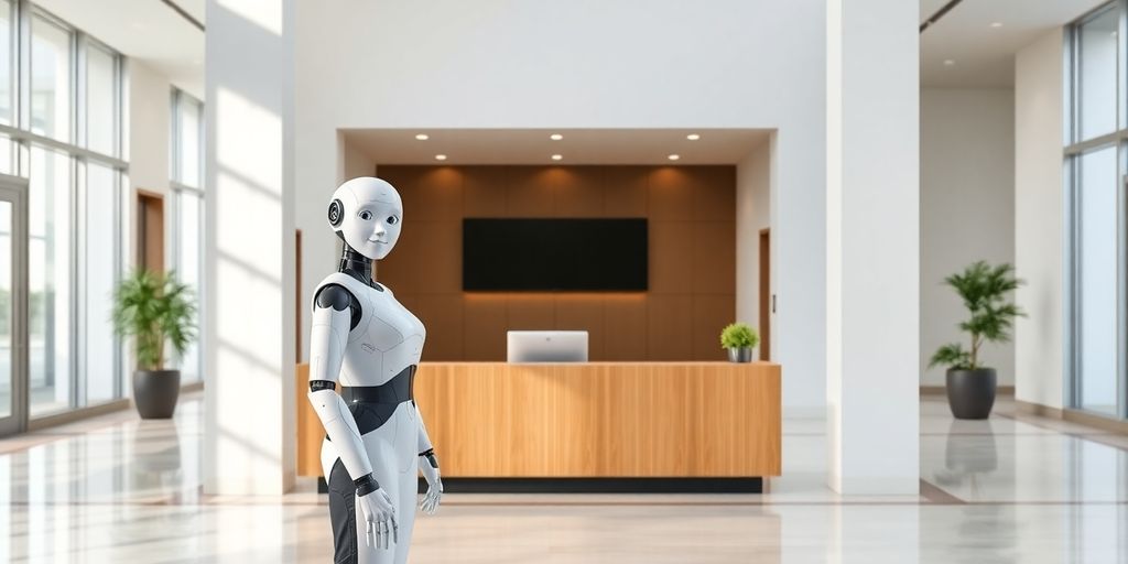 AI receptionist smiling at sleek modern building lobby.