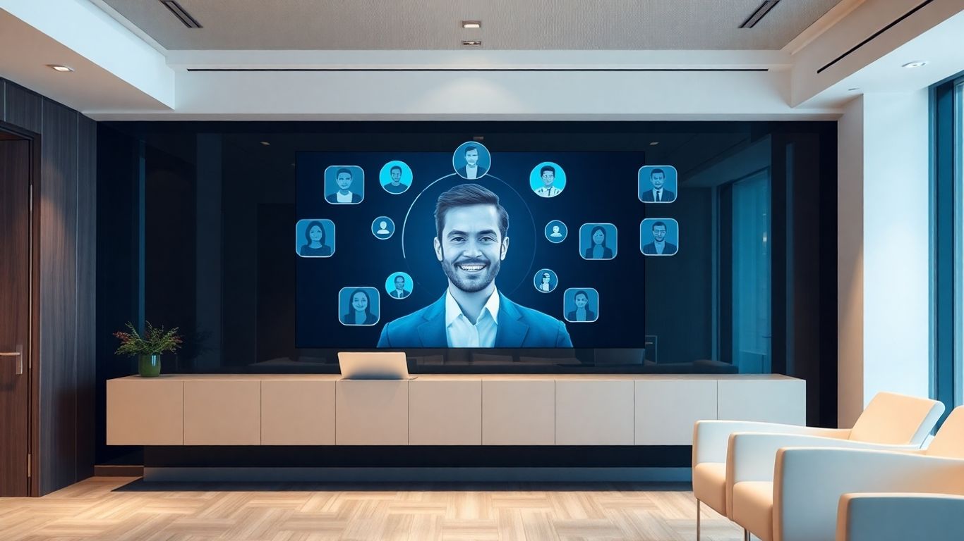 AI receptionist managing multiple calls on a futuristic screen.