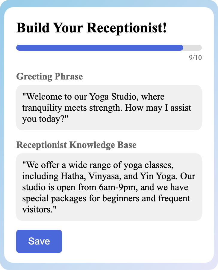 Sample receptionist setup for Yoga Studio